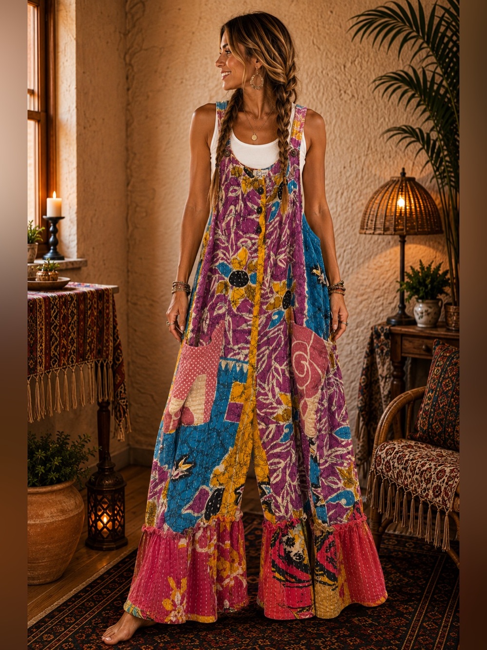 Kantha Patchwork Wide Leg Ruffle Overalls One Size Boho Jumpsuit #10
